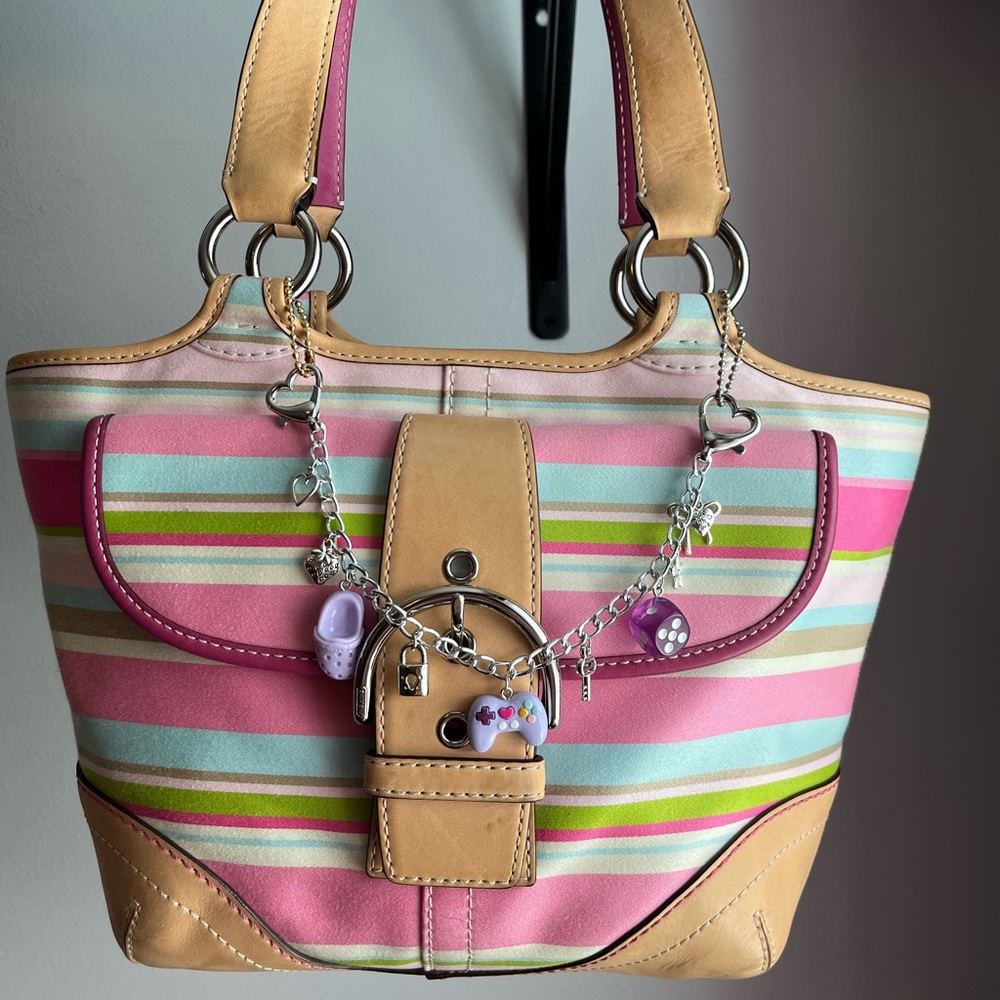 Silver chain purse strap extender with purple charms